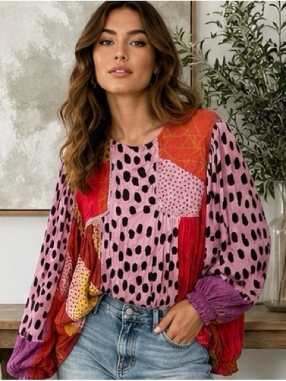 Patchwork Polka Dot Boho Peasant Blouse XL Pink Festival Cottagecore Top